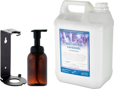 Zeepdispenser 300 ml amber bruin hervulbaar + 5 liter Bodylotion Lavendel navulling (inclusief beugel)