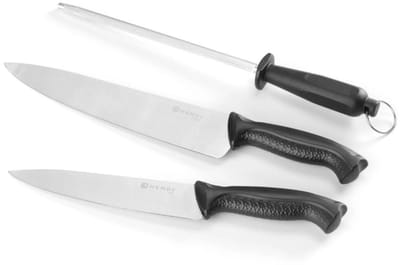 HENDI messenset met slijpstaal - rvs en koolstofstaal - koksmessen 18 en 24 cm, slijpstaal 23 cm - zwart - 3-delig - professioneel snijden, slijpen en onderhouden