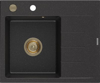 Mexen Ben granitische spoelbak met 1 bak en afdruiprek, links 600 x 500 , zwart/zilver metallic sifon goud - 6522605000-73-G