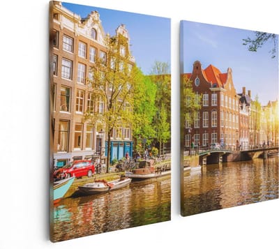 Artaza Canvas Schilderij Tweeluik Amsterdamse Gracht Tijdens Zonsondergang - 80x60 - Foto Op Canvas - Canvas Print