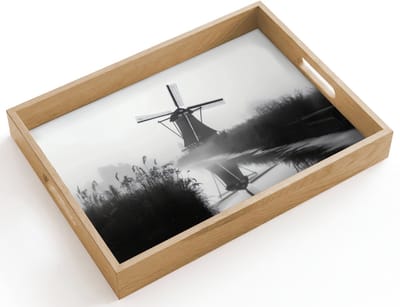 Dienblad hout 40x30 cm - Schootdienblad - Molen - Weerspiegeling - Landschap - Water - Borrelplank rechthoek - Plateau dienbladen