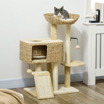 Wishdor - Kattenkrabpaal - Meerdere Niveaus En Krabpalen - Modern - Voor Binnen - Spaanplaat, Sisal En Pluche - Beige - 60 X 40 X 98 Cm