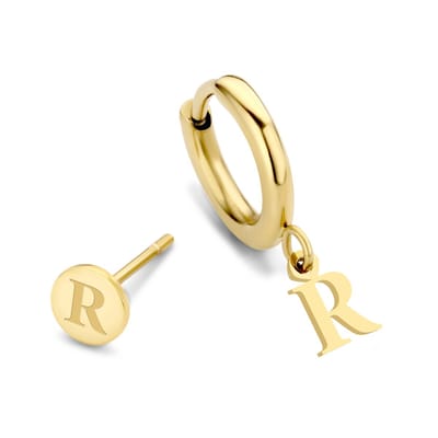 CO88 Collection Alphabet 8CE-70374 Stalen oorknop en oorring - letter R - 6 mm and 12mm - Initiaal sieraad - Goudkleurig