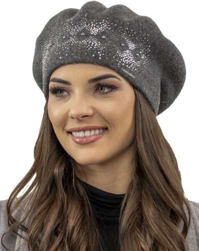 Vivisence Dames Baret - Wolmix Met Subtiele Strass Applicatie En Klassieke Vorm - Zachte Warmte En Comfortabele Pasvorm Voor Dagelijks Draaggemak En Elegante Stijl In Het Najaars En Winterseizoen - Donkergrijs