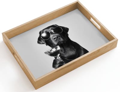 Dienblad hout 40x30 cm - Schootdienblad - Hond - Zwart - Wijnglas - Zonnebril - Borrelplank rechthoek - Plateau dienbladen