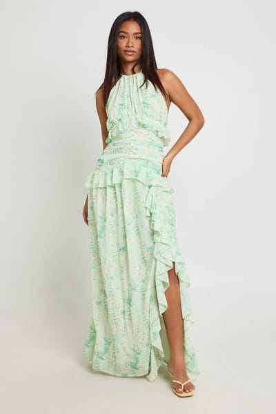 boohoo Dames Bloemenjurk Met Halternek Van Chiffon Met Ruches In Maxilengte | Groente | Maat: 46