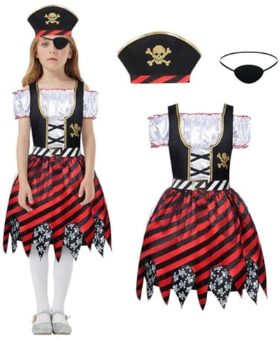 Aomig Piratenkostuum Voor Meisjes, 3-Delige Piratenrollenspel-Aankleedset Met Piratenhoed En Piratenooglapje, Piratenoutfit Voor Kinderen, Deluxe-Jurk Voor Verjaardagsfeestje