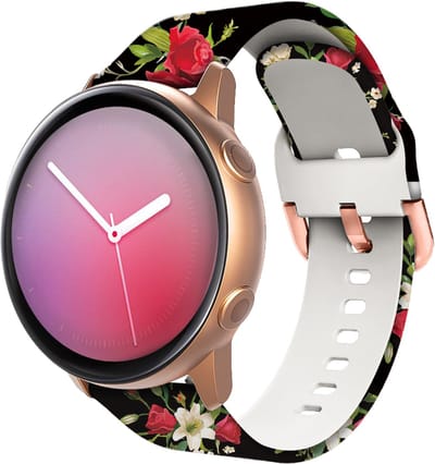 Stravo Modieus Bedrukt Siliconen bandje 20mm - Geschikt voor Samsung Galaxy Watch 7 6 5 4 - Classic - Siliconen Horlogeband met Roségouden Pin-gesp voor Garmin Vivoactive 5 3 - Forerunner 245 - Venu SQ 2 - Vivomove - Huawei - Zwart
