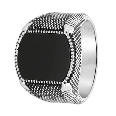 Lucardi Heren Zegelring zwart agaat - Ring - Vaderdag Cadeautje - Staal - Zilverkleurig