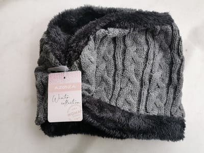 Tube Sjaal / Loopsjaal , ronde gebreide sjaal donkergrijs , gevoerd met extra zachte donkergrijze fleece one size