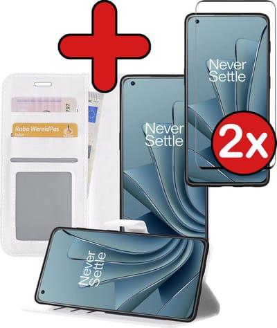 Hoesje - Met 2x Screenprotector - Geschikt voor OnePlus 10 Pro - Luxe Pasjeshouder - Flip Case - Bookcase Portemonee - Kunstleer Book Case - Flipcase Hoes - Book Cover - Walletcase - Portemonneehoes - Telefoonhoes - Wit