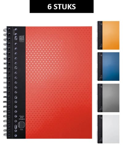 SOHO Collegeblok – Collegeblok – Ruitjespapier – Ruitjes – 10 mm ruit – Voorzien van kantlijn – Micro–perforatie – 23 rings – 160 pagina’s – A4 formaat – 5 assorti kleuren - 6 Stuks