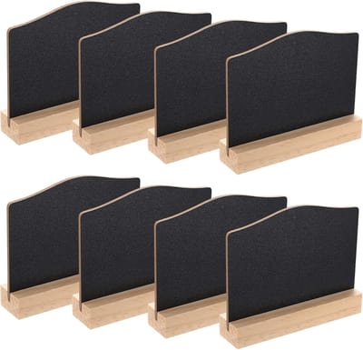 8 stuks mini-schoolbordborden met houten standaard, mini-krijtborden, kleine schoolbordborden, kleine krijtborden, voedselborden voor buffetlabels, café-feesttafelnummers, berichtenborden (10 x 7,5 cm