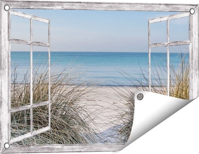 Gards Tuinposter Doorkijk Strand en Zee vanuit de Duinen - 60x40 cm - Tuindoek - Tuindecoratie - Wanddecoratie buiten - Tuinschilderij