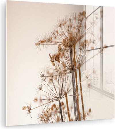 Glasschilderij bloemen - Droogbloemen - Planten - Stilleven - Bruin - Glas decoratie - Glasplaat - Wanddecoratie glas - 90x90 cm - Woonkamer decoratie - Foto op glas - Schilderij glas - Glasschilderijen
