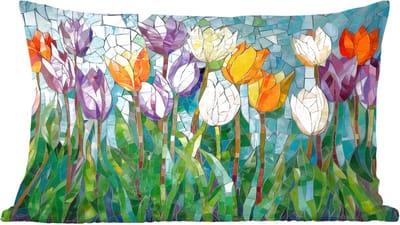 Sierkussens - Kussentjes Woonkamer - 60x40 cm - Mozaïek - Veld - Tulpen - Kleurrijk