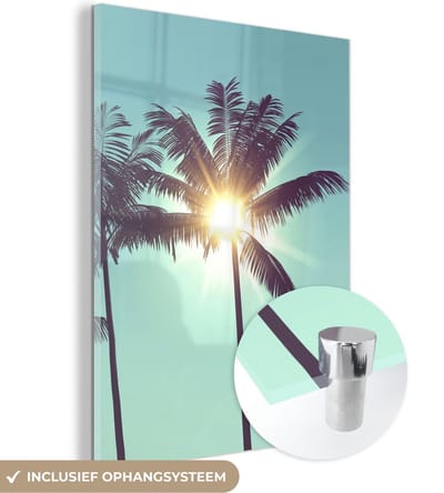 MuchoWow® Glasschilderij 30x40 cm - Schilderij acrylglas - Palmbomen - Zomer - Zon - Foto op glas - Schilderijen - Portret van de zomer