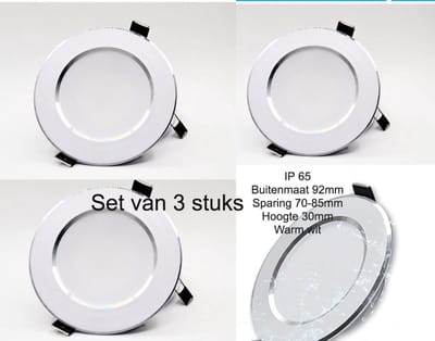 Badkamer Inbouwspots Set van 3 – IP65 – Warm Wit 3000K – Waterdicht – Sparing 70-85 mm – Ø92 mm – 230V