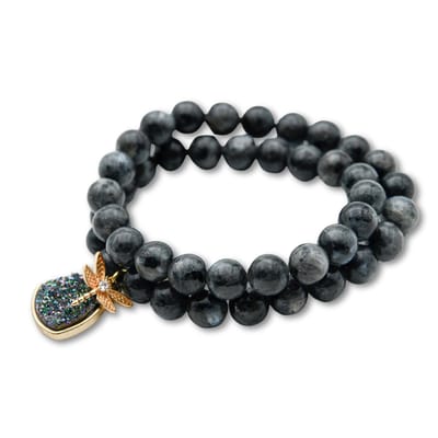 Marama - wikkelarmband Dragonfly Labradoriet - edelsteen - elastisch - damesarmband - hangers libelle en Druzy Agaat - cadeau dames