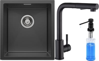 Auralum max 40x44CM Spoelbakken Keuken - Spoelbak Keuken Met Keukenkraan en Zeepdispenser 300ML - Spoelbak Grijszwart RVS - Met Waterafvoersysteem - Past op 40 cm kasten