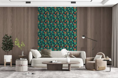 Behang - Fotobehang Patroon - Robot - Skateboard - Jongens - Kinderen - Kids - Baby - Breedte 200 cm x hoogte 300 cm