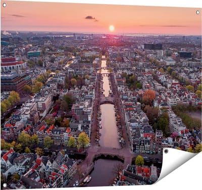Gards Tuinposter Bovenaanzicht Amsterdam met Zonsondergang - 100x80 cm - Tuindoek - Tuindecoratie - Wanddecoratie buiten - Tuinschilderij
