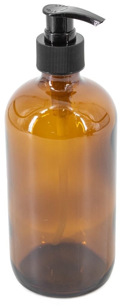 Glazen amber fles met zwarte plastic pomp