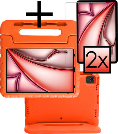 Hoes - Geschikt voor Apple iPad Air (2024/2025/2026) - 13 inch - Met 2x Screenprotector - Kinderhoes Shockproof Bumper - Kidsproof Case - Tablet Hoesje - Kinder Cover - Oranje