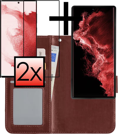 Hoesje - 2 in 1 - Geschikt voor Samsung Galaxy S22 Ultra - Met 2x Screenprotector - En Uitneembare Hard Cover - Bookcase - Wallet Case - Met Pasjeshouder - Book Case - Uitneembaar - Pashouder - Kunstleer - Bruin