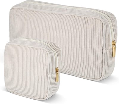 Moderne Make-up Tas Set van 2 Stuks, Corduroy Make-up Tassen met Compartimenten voor Vrouwen en Meisjes, Beige en Handig Ontwerp
