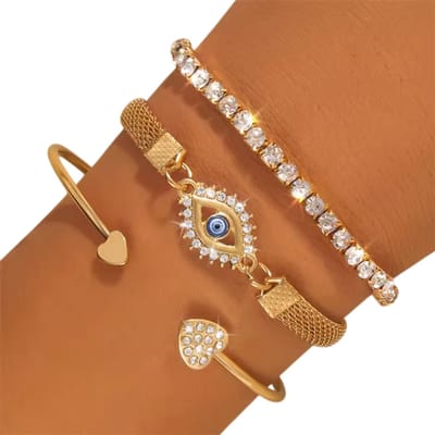 4-delige Dames Armbanden Set – Zirkonia & Metalen Ketting – Modieuze Accessoires voor Feest, Party & Dagelijks Gebruik - Goud