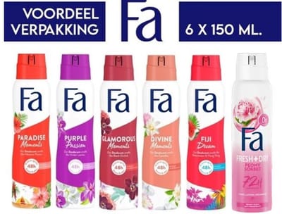 Fa Deodorant 6 x 150 ml - Voordeelverpakking - Try Out Pakket - Paradise Moments, Purple Passion, Glamorous Moments, Divine, Fiji & Sweet Rose