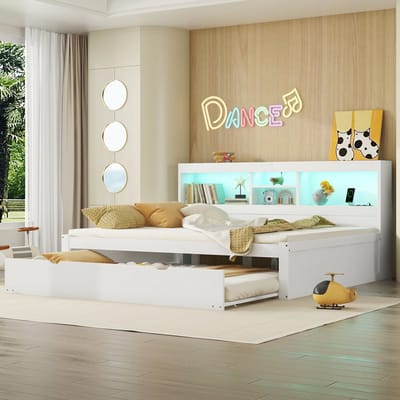 MEUNIQ slaapbank 140x200 cm met uitschuifbaar onderschuifbed, LED-verlichting, opbergruimte, stopcontact en USB, wit daybed voor slaapkamer