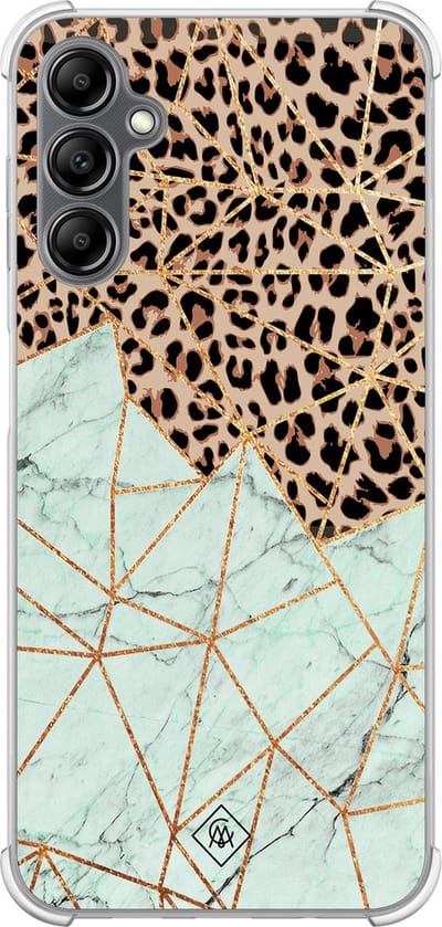 Casimoda® hoesje - Geschikt voor Samsung Galaxy A14 5G - Luipaard Marmer Mint - Shockproof case - Extra sterk - TPU/polycarbonaat - Mint, Transparant