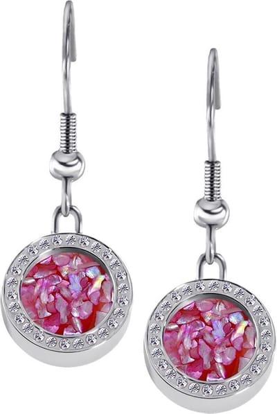Quiges RVS Schroefsysteem Oorhangers Oorbellen Zilverkleurig met Zirkonia en Verwisselbare Roze Vlokjes Schelp Mini Munt Set - ECOS070