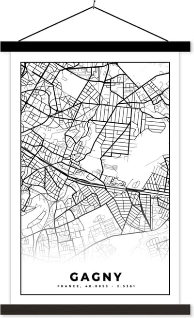 Posterhanger incl. Poster 40x60 cm - Schoolplaat - Gagny - Stadskaart – Plattegrond – Kaart – Frankrijk - Zwart wit - Textielposter - Zwarte latten - Stadskaart