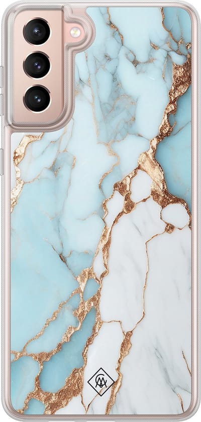 Casimoda® hoesje - Geschikt voor Samsung Galaxy S21 - Marmer Lichtblauw - 2-in-1 case - Schokbestendig - Marble design - Verhoogde randen - Blauw, Transparant