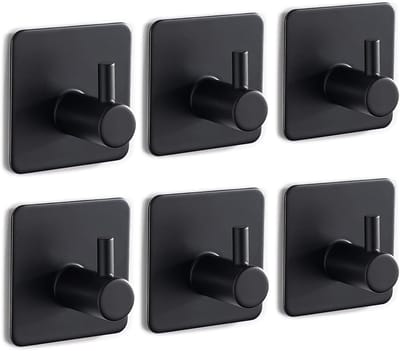 Famanu - Zelfklevende handdoekhouder, 6 stuks, zwart, sterke wandhaken zonder boren voor badkamer en keuken