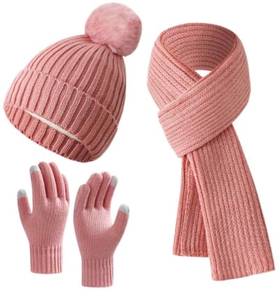 3-delige Winterset - Gebreide Muts met Pom - Lange Sjaal - Touchscreen Handschoenen - Winter - Dames - Buitenactiviteiten - Cadeau - Roze