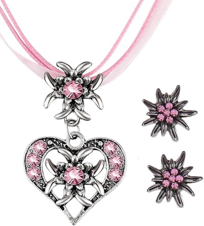 Vrouwelijke 3-delige Kostuum Sieraden Set met Edelweiss Hangers en Oorbellen, Perfect voor Dirndl en Oktoberfest, Sieraden Accessoires voor Feestjes en Evenementen