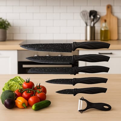 Kadirelli 6-Delige Messenset met Dunschiller – Keukenmessen met Anti-aanbak Marmercoating – Ergonomisch Handvat