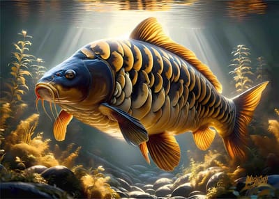 Visposter Imagine Slash Carp Art Golden Mirror 70 x 50 cm Karper Poster Karperposter Vis Posters