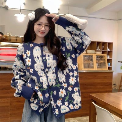 Gilet grande taille pour femmes automne et hiver nouveau, pull floral à manches longues mode modèles amples pull tricot 2XL recommends 125-67.5 kg bleu