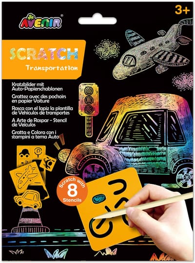 AVENIR Scratch Art - Transport - 17X23X0,5Cm - Met 8 Sjablonen - 3 Jaar