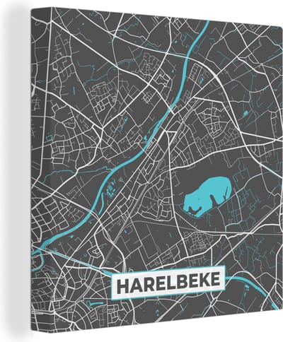 Canvas Schilderij Plattegrond – Harelbeke – Blauw – Stadskaart - Kaart - 20x20 cm - Wanddecoratie