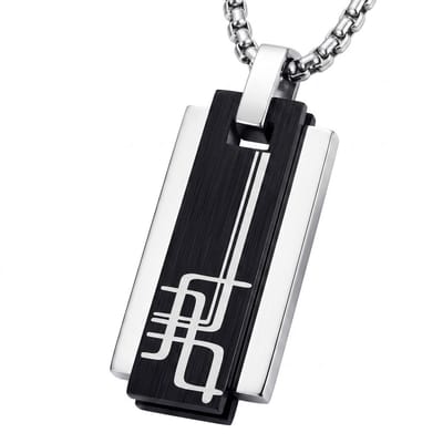 Zilverkleurige schakel ketting voor heren met rechthoekige zwart-zilveren hanger