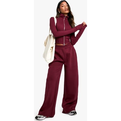 boohoo Dames Ribbelzoomdetail Dubbele Rits Top en Rechte Pijpen Jogger Set | Bordeaux Rood | Maat: XL