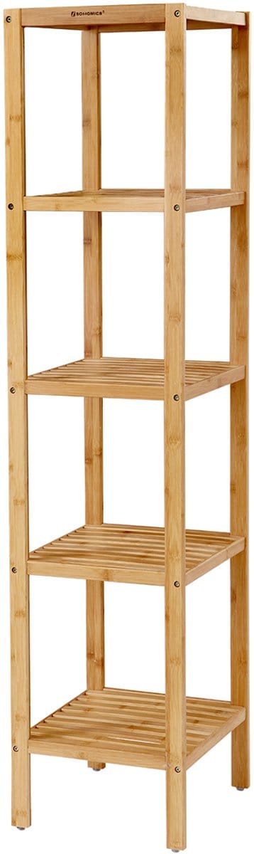 Opbergrek plankrek badkamerrek kruidenrek met 5 lagen open opbergrek stevig en duurzaam houten frame efficiënt gebruik van verticale ruimte geschikt voor smalle ruimtes woonkamer slaapkamer gang 33 x 33 x 146 cm naturel