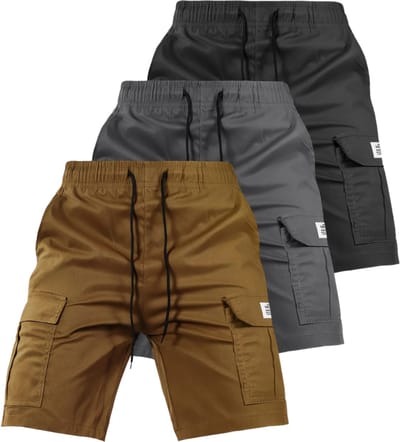 Livano Korte Broek Heren - Cargobroek - Spijkerbroek - met Zakken - Volwassenen - Jongens - Shorts - 3 Pcs - Bruin/Zwart/Grijs - Maat XXS