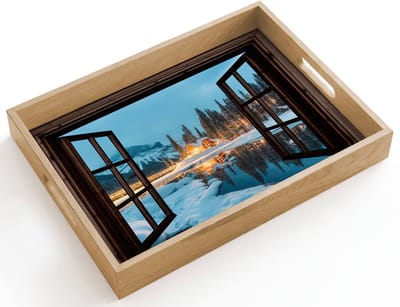Dienblad hout 40x30 cm - Schootdienblad - Doorkijk - Winter - Landschap - Natuur - Huis - Bergen - Borrelplank rechthoek - Plateau dienbladen